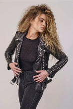 Load image into Gallery viewer, Women&#39;s Black Leather Biker Jacket with Silver Spiked Studs
