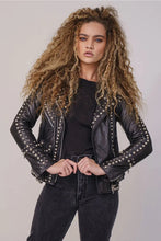 Load image into Gallery viewer, Women&#39;s Black Leather Biker Jacket with Silver Spiked Studs
