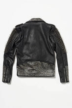 Load image into Gallery viewer, Women&#39;s Black Punk Long Silver Spiked Studded Leather Jacket
