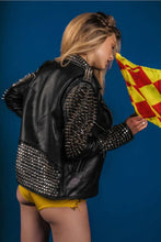 Load image into Gallery viewer, Women&#39;s Black Punk Long Silver Spiked Studded Leather Jacket
