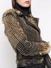 Load image into Gallery viewer, Women&#39;s Black Punk Silver Long Spiked Studded Leather Biker Jacket
