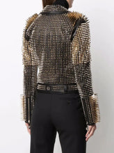 Load image into Gallery viewer, Women&#39;s Black Punk Silver Long Spiked Studded Leather Biker Jacket
