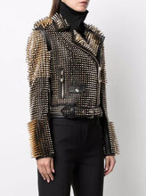 Load image into Gallery viewer, Women&#39;s Black Punk Silver Long Spiked Studded Leather Biker Jacket
