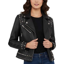 Load image into Gallery viewer, Women's Black Genuine Leather Biker Jacket with Studded Punk Moto Style
