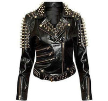 Load image into Gallery viewer, Women’s Black Studded Leather Jacket with Belt &amp; Zippers
