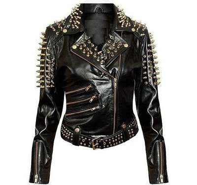 Women’s Black Studded Leather Jacket with Belt & Zippers