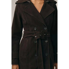 Load image into Gallery viewer, Women's Black Suede Leather Trench Coat with Belted Style and Custom Fit
