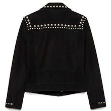 Load image into Gallery viewer, Women's Black Genuine Suede Biker Jacket with Studded Rockstar Moto Style
