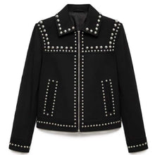 Load image into Gallery viewer, Women's Black Genuine Suede Biker Jacket with Studded Rockstar Moto Style
