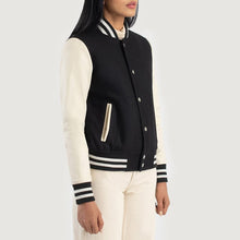 Load image into Gallery viewer, Women&#39;s Black &amp; White Leather Varsity Biker Jacket
