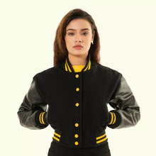 Load image into Gallery viewer, Women&#39;s Black Wool &amp; Leather Cropped Varsity Moto Jacket
