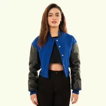 Load image into Gallery viewer, Women&#39;s Blue Wool &amp; Black Leather Cropped Baseball Biker Moto Varsity Jacket
