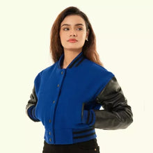 Load image into Gallery viewer, Women&#39;s Blue Wool &amp; Black Leather Cropped Baseball Biker Moto Varsity Jacket
