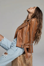 Load image into Gallery viewer, Women&#39;s Brown Leather Jacket with Silver Spiked Studs
