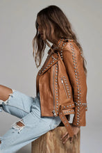 Load image into Gallery viewer, Women&#39;s Brown Leather Jacket with Silver Spiked Studs
