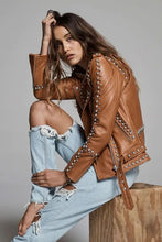 Load image into Gallery viewer, Women&#39;s Brown Leather Jacket with Silver Spiked Studs
