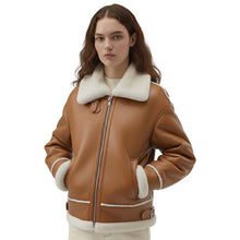 Load image into Gallery viewer, Women's Brown Sheepskin Leather Aviator Jacket with Faux Fur Lining Front View
