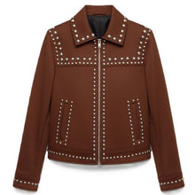 Load image into Gallery viewer, Women's Brown Genuine Leather Biker Jacket with Rivet Studded Retro Punk Style
