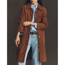 Load image into Gallery viewer, Women's Brown Suede Leather Trench Coat with Custom Made Tailored Fit
