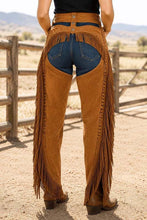 Load image into Gallery viewer, Women's Buckskin Suede Leather Chaps with Fringe in Western Rodeo Riding Style
