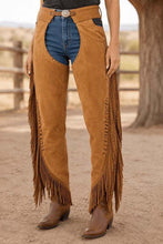 Load image into Gallery viewer, Women's Buckskin Suede Leather Chaps with Fringe in Western Rodeo Riding Style

