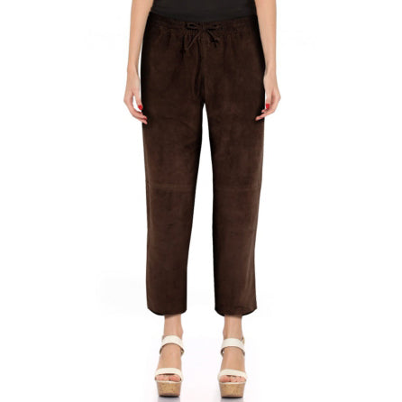Women's Cropped Suede Leather Joggers Pant - Brown Pant