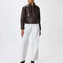 Load image into Gallery viewer, Women's Dark Brown Suede Leather Trucker Jacket with Collared Style and Inner Pockets
