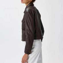 Load image into Gallery viewer, Women's Dark Brown Suede Leather Trucker Jacket with Collared Style and Inner Pockets
