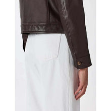 Load image into Gallery viewer, Women's Dark Brown Suede Leather Trucker Jacket with Collared Style and Inner Pockets
