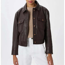 Load image into Gallery viewer, Women's Dark Brown Suede Leather Trucker Jacket with Collared Style and Inner Pockets
