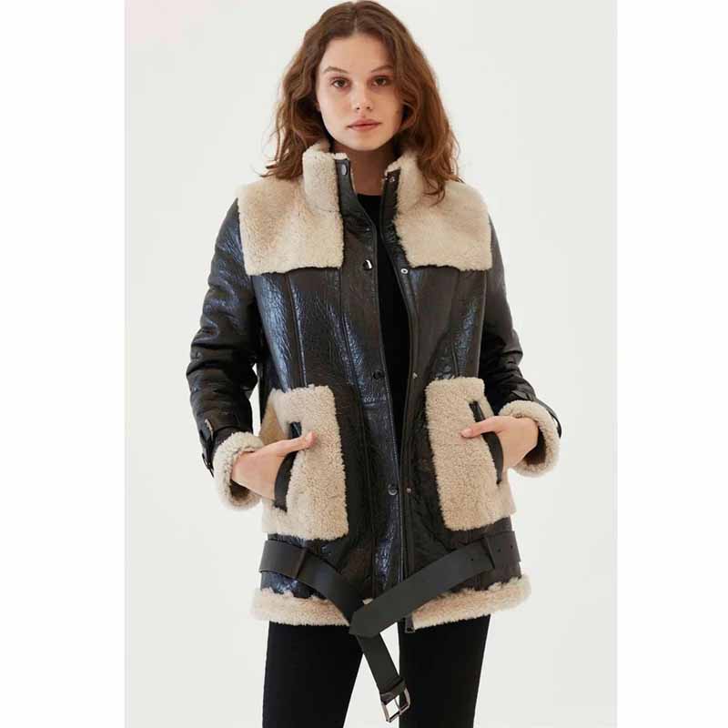 Women's Shearling Fur Leather Winter Coat in Dark Brown