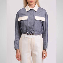 Load image into Gallery viewer, Women’s Denim Jacket with Leather Trim – Lined &amp; Drawstring Style
