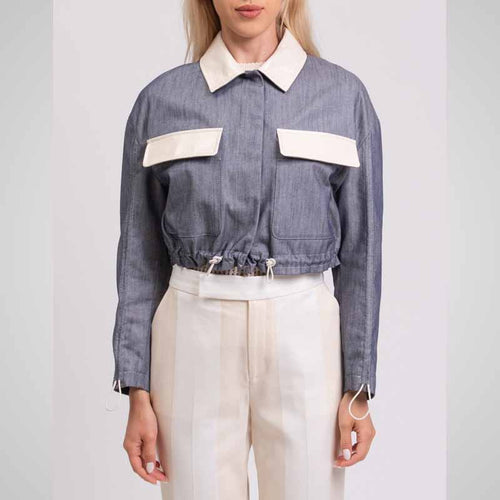 Women’s Denim Jacket with Leather Trim – Lined & Drawstring Style