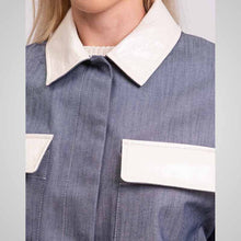 Load image into Gallery viewer, Women’s Denim Jacket with Leather Trim – Lined &amp; Drawstring Style
