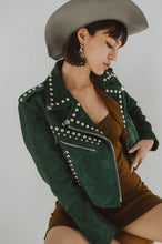 Load image into Gallery viewer, Women&#39;s Green Studded Spiked Motorcycle Leather Jacket
