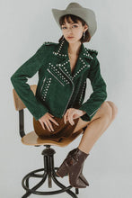 Load image into Gallery viewer, Women&#39;s Green Studded Spiked Motorcycle Leather Jacket
