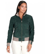 Load image into Gallery viewer, Women&#39;s Green Suede Leather Bomber Jacket
