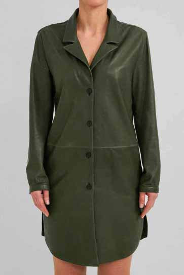 womens khaki leather coat with belted waist