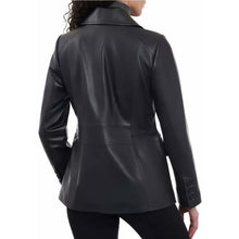 Load image into Gallery viewer, Women's Black Lambskin Leather Blazer with Zip Pockets and Button Cuffs in Relaxed Fit Style
