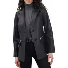 Load image into Gallery viewer, Women's Black Lambskin Leather Blazer with Zip Pockets and Button Cuffs in Relaxed Fit Style
