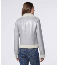 Load image into Gallery viewer, womens light blue shearling leather biker jacket

