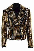 Load image into Gallery viewer, Women&#39;s Luxury Black Punk Leather Jacket with Gold Studs
