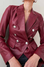 Load image into Gallery viewer, womens maroon leather blazer with double breasted
