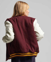 Load image into Gallery viewer, womens maroon varsity leather jacket with white sleeves
