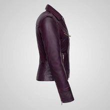 Load image into Gallery viewer, Side view of a maroon leather jacket
