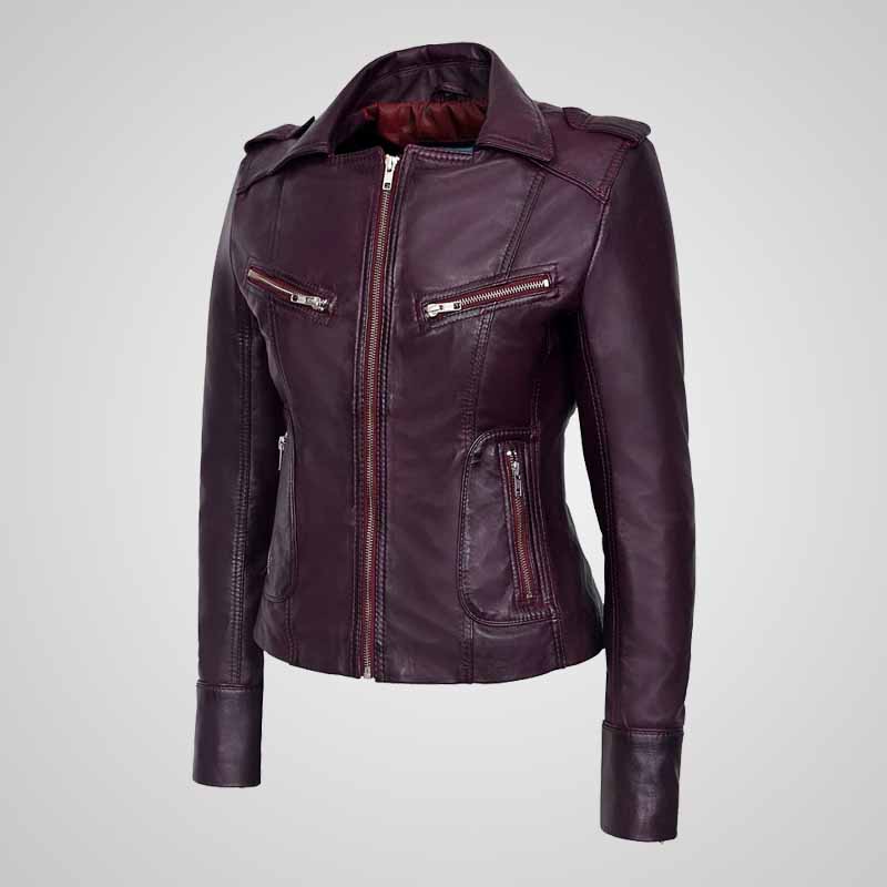 Women’s Maroon Waxed Leather Jacket - Designer Cut