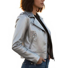 Load image into Gallery viewer, Women's Metallic Silver Genuine Leather Moto Jacket with Punk Rockstar Style
