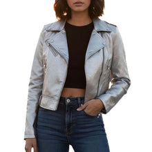 Load image into Gallery viewer, Women's Metallic Silver Genuine Leather Moto Jacket with Punk Rockstar Style
