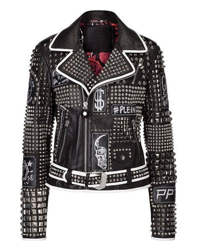 Women’s Philip Black Studded Leather Jacket with White Lining