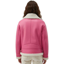 Load image into Gallery viewer, Back view of women's pink B3 aviator jacket with faux fur lining
